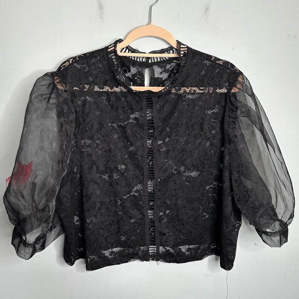SHEIN Curve Organza Puff Sleeve Black Lace Cropped Blouse Plus Size 4XL